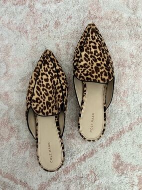 Cole Haan Leopard Pointed Toe Calf Hair Leather Mules